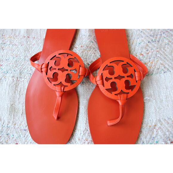 Tory Burch Orange Miller Square Toe Leather Thong Slides Sandals Size 6.5M - Picture 3 of 4